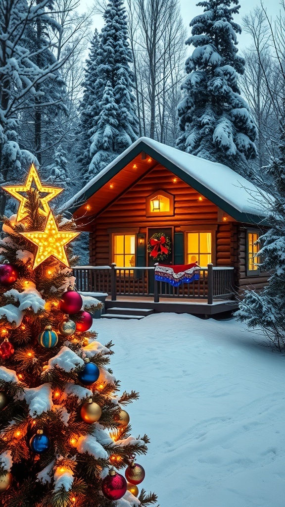 A cozy cabin with Christmas lights in a snowy landscape, highlighting the warmth and spirit of the holiday season.